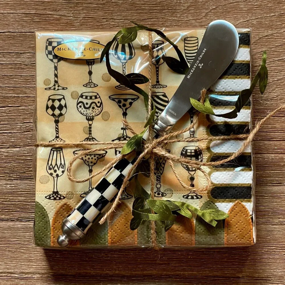 MacKenzie-Childs Napkin & Cheese Spreader Gift Set-NEW- Courtly Hostess Charm